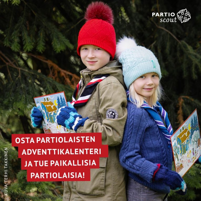 Partiolaisen myymässä adventtikalentereita