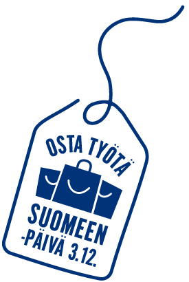 Osta työtä Suomeen -päivä 3.12. logo, jossa kauppakassien ja hintalapun kuva.