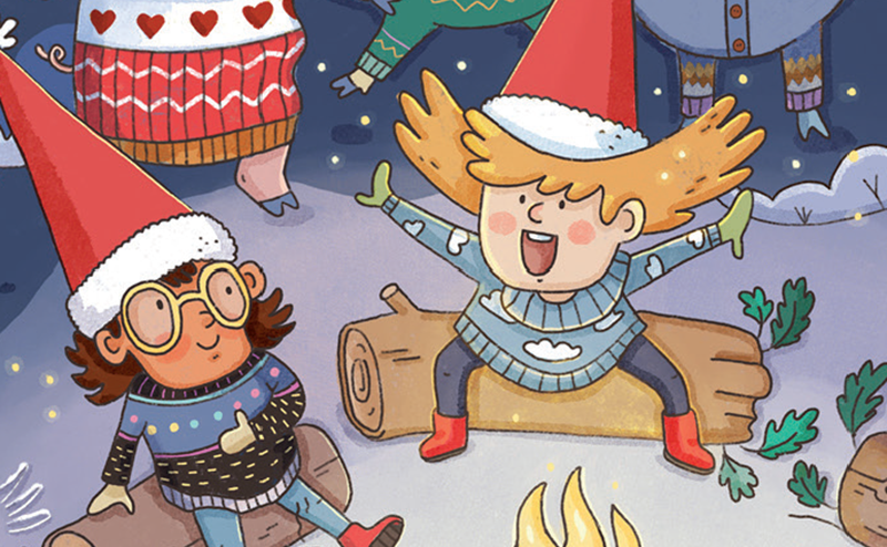 Piirroskuvassa tonttuhahmo iloisen riemastuneena nuotion äärellä.